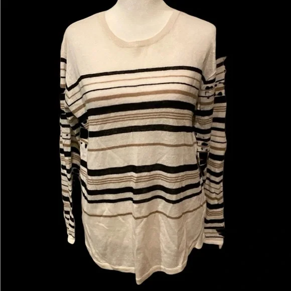 J.Jill crew neck sweater. Size S. Cream with black and brown stripes. - Picture 2 of 14